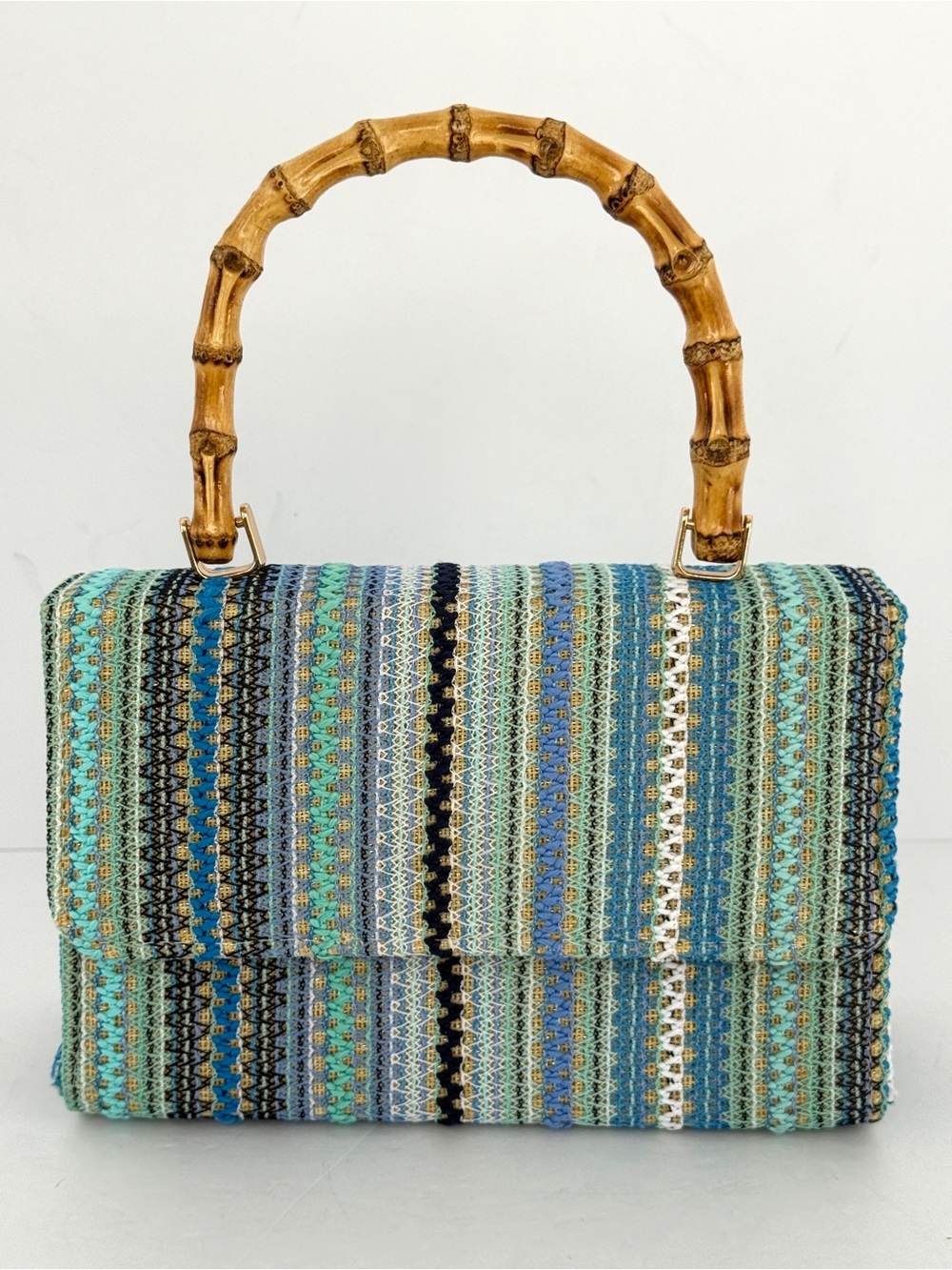 Haute Hippie Straw Stripe Satchel Woven Multicolor Bamboo Handle Top-Handle Bag